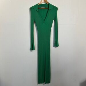 NA-KD Ribbed Knit Maxi Dress Green Polo Collar Split Cuff Size M